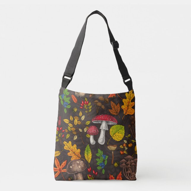 Autumn mushrooms, leaves, nuts and berries on dark crossbody bag (Front)