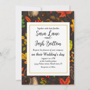 Autumn mushrooms, leaves, nuts and berries on dark invitation