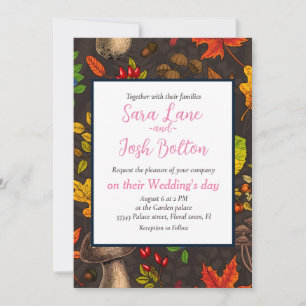 Autumn mushrooms, leaves, nuts and berries on dark invitation