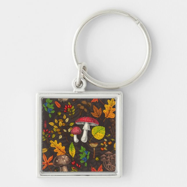 Autumn mushrooms, leaves, nuts and berries on dark key ring (Front)