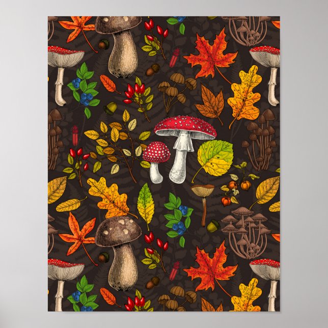 Autumn mushrooms, leaves, nuts and berries on dark poster (Front)