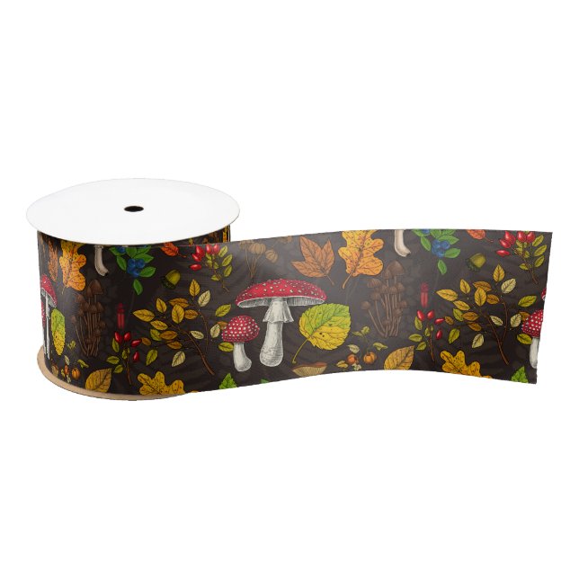 Autumn mushrooms, leaves, nuts and berries on dark satin ribbon (Spool)