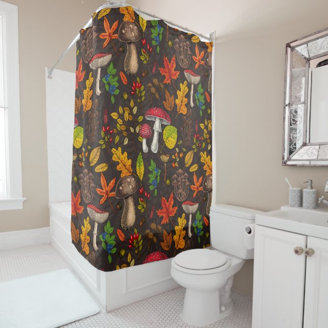 Autumn mushrooms, leaves, nuts and berries on dark shower curtain (In Situ)