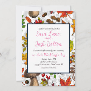 Autumn mushrooms, leaves, nuts and berries on whit invitation