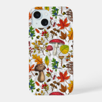 Autumn mushrooms, leaves, nuts and berries on whit