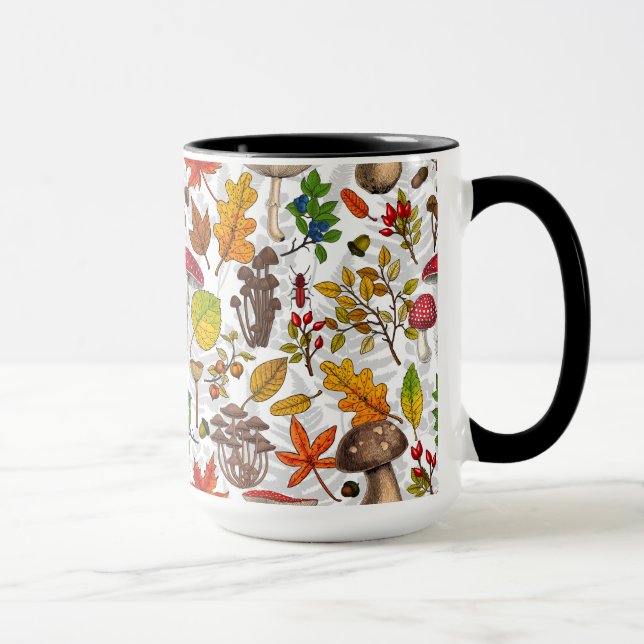 Autumn mushrooms, leaves, nuts and berries on whit mug (Right)