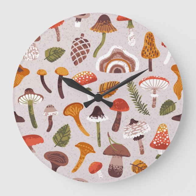 Autumn mushrooms, leaves: vintage repeat. large clock (Front)