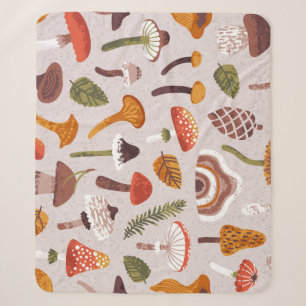 Autumn mushrooms, leaves: vintage repeat. sherpa blanket