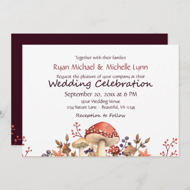 Autumn Mushrooms, Plants and Leaves Fall Wedding Invitation (Front/Back)