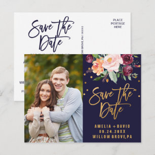 Autumn Navy and Gold Save the Date Photo Announcement Postcard