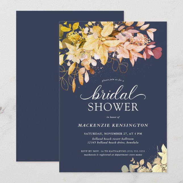 Autumn Navy Blue Botanical Bridal Shower Invitation (Front/Back)