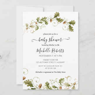 Autumn Oak Leaf Acorn Watercolor Baby Shower Invitation