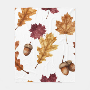 Autumn Oak Leaves Acorn Watercolor Pattern Fleece Blanket