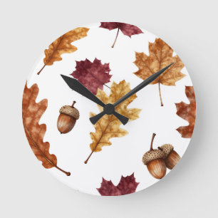 Autumn Oak Leaves Acorn Watercolor Pattern Round Clock