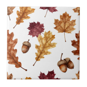 Autumn Oak Leaves Acorn Watercolor Pattern Tile