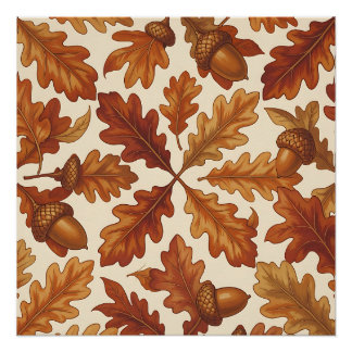 Autumn Oak Leaves Acorns Brown Seamless Fall Poster