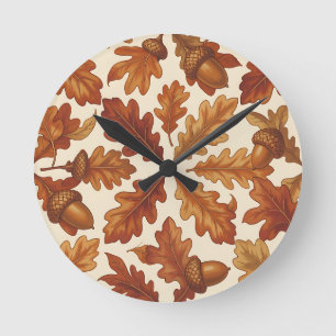 Autumn Oak Leaves Acorns Brown Seamless Fall Round Clock