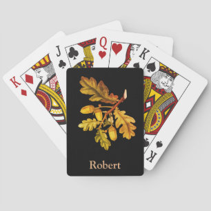 Autumn Oak Leaves and Acorns on Black Background Playing Cards