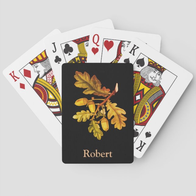 Autumn Oak Leaves and Acorns on Black Background Playing Cards (Back)