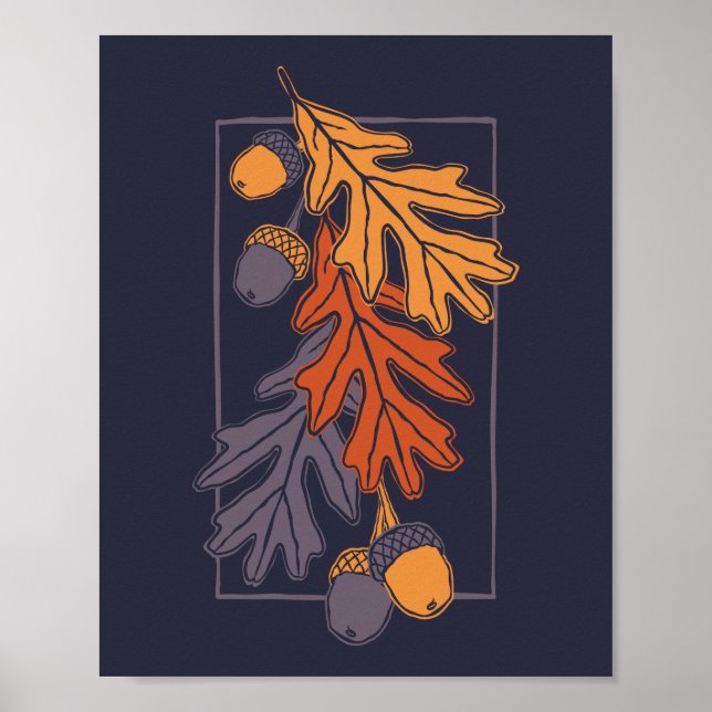 Autumn oak leaves and acorns pattern (dark) poster (Front)