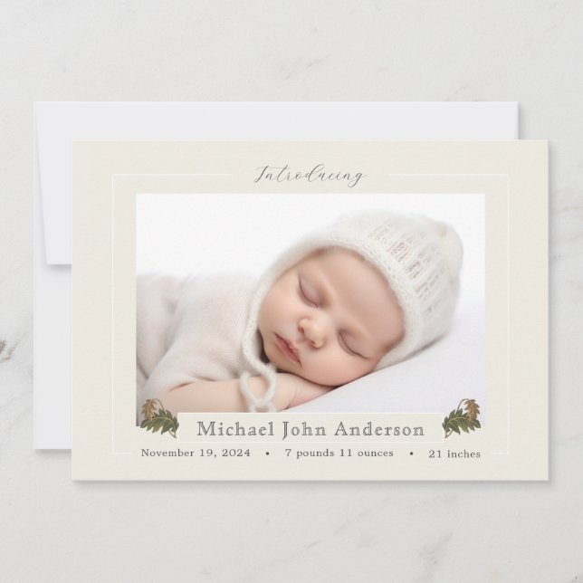 Autumn Oak Leaves Ivory Photo Birth Announcement (Front)