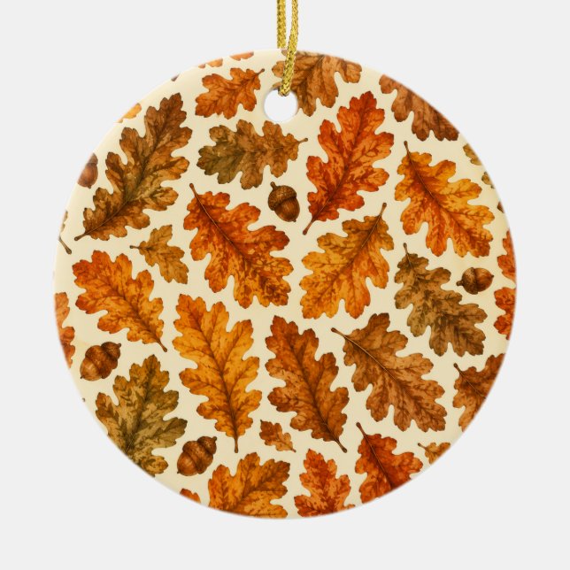 Autumn Oak Leaves Pattern | Cosy Nature Aesthetic Ceramic Tree Decoration (Front)