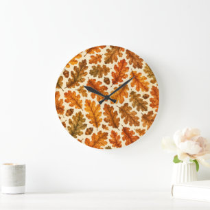 Autumn Oak Leaves Pattern Cosy Nature Aesthetic Large Clock