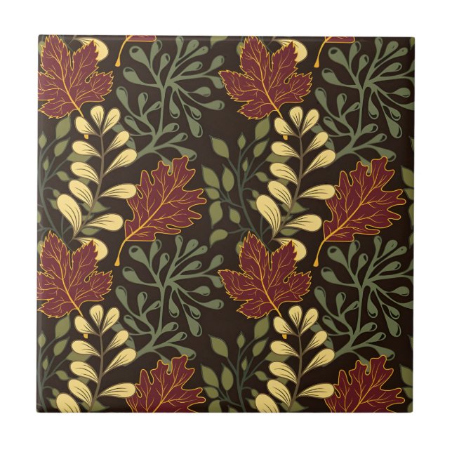 Autumn Oak Leaves Pattern in Maroon and Yellow Tile (Front)