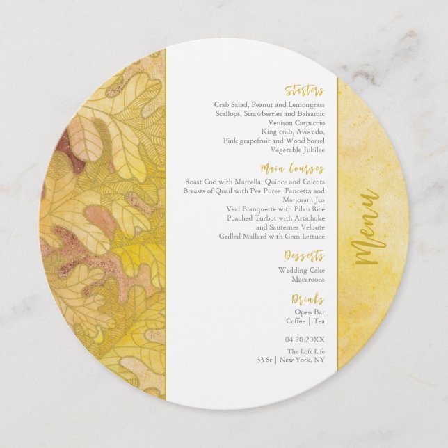 Autumn Oak Leaves Wedding Circle Menu (Front)
