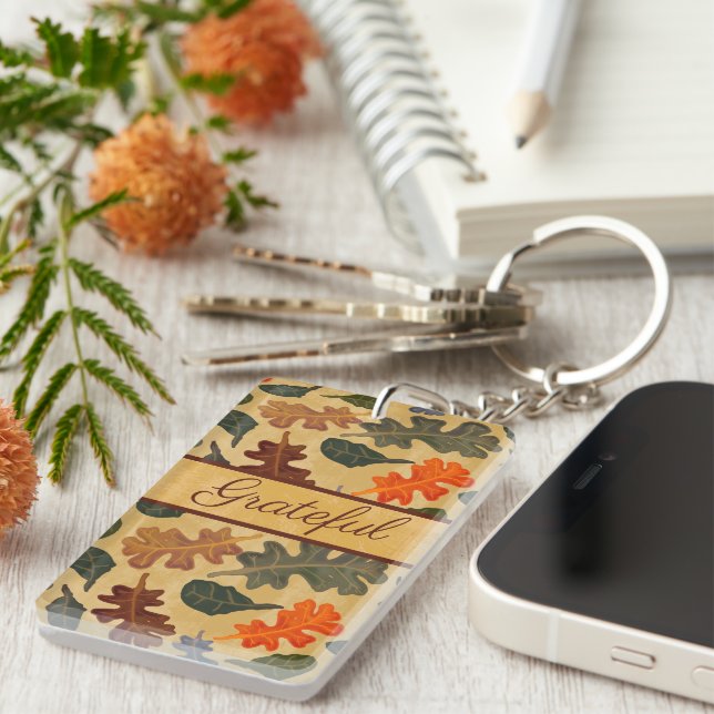 Autumn Oak Tree Leaves Grateful Key Ring (Front Right)