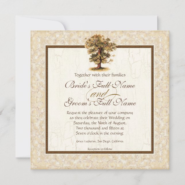 Autumn Oak Tree Roots Antiqued Parchment Wedding Invitation (Front)