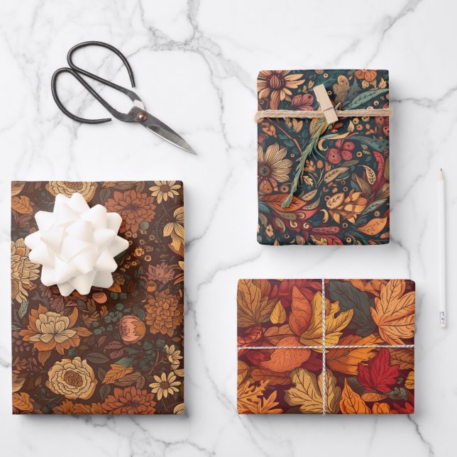 Autumn October Leaves and Flowers Wrapping Paper Sheet (Front)