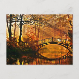 Autumn - Old bridge in autumn misty park Postcard