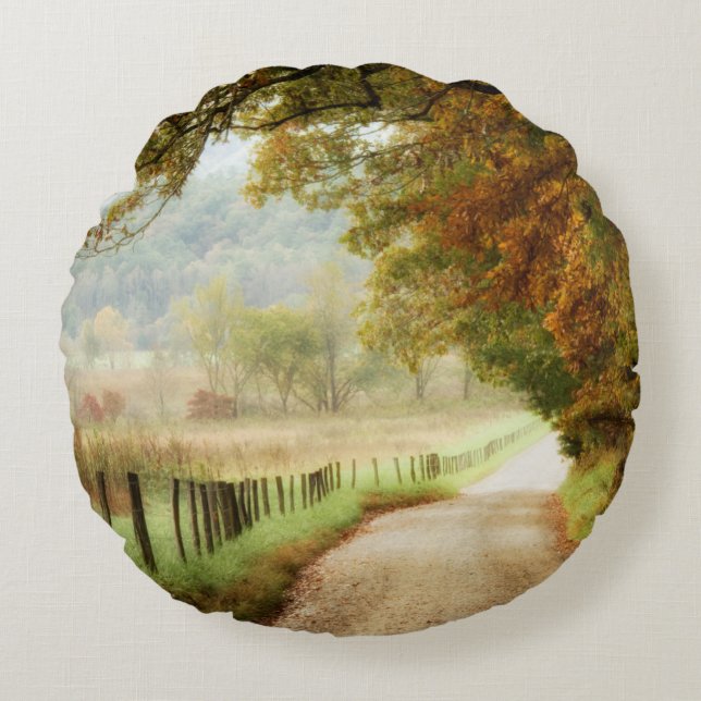 Autumn on a Country Road Round Cushion (Front)