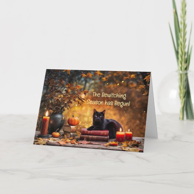 Autumn or Fall Equinox Cute Black Cat Card (Front)