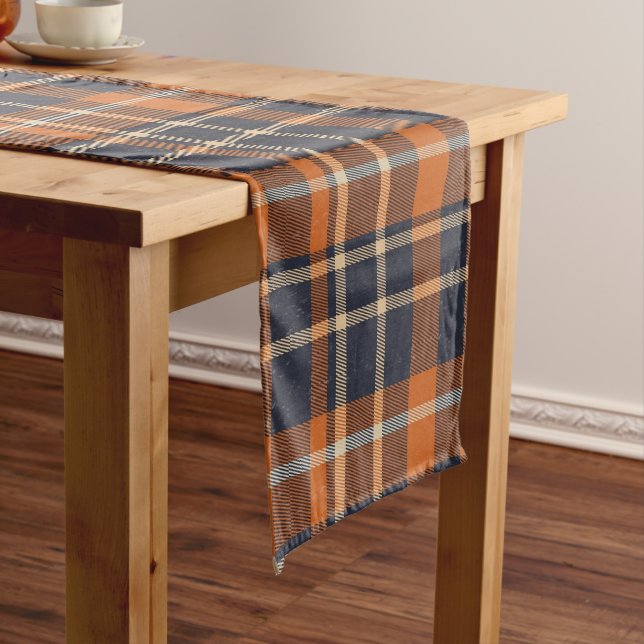 Autumn Orange and Blue Checked Plaid Long Table Runner (In Situ)