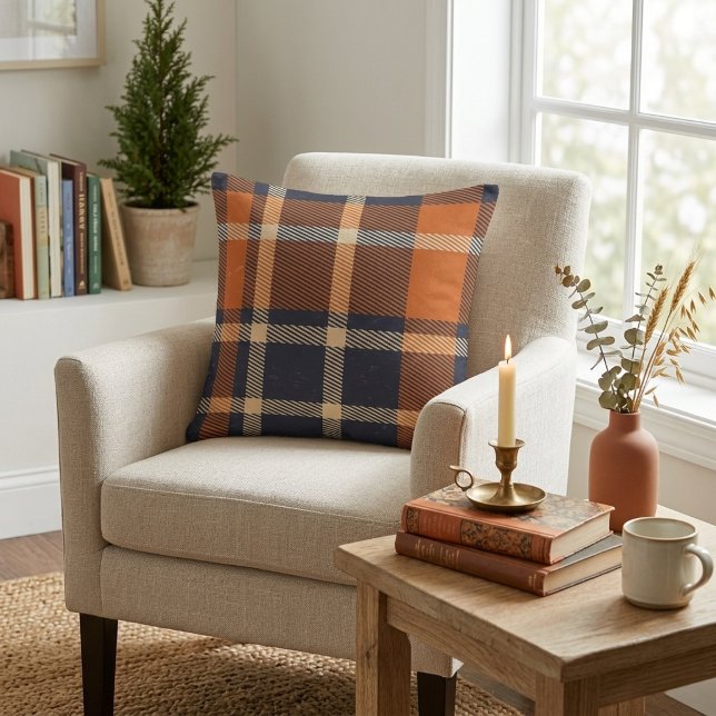 Autumn Orange and Blue Plaid Cushion (Autumn Orange and Blue Plaid Throw Pillow)