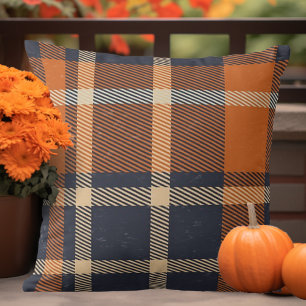 Autumn Orange and Blue Plaid Cushion
