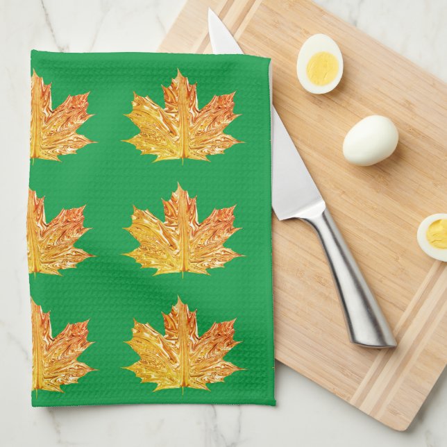 Autumn Orange and green maple leaf fall pattern Tea Towel (Quarter Fold)