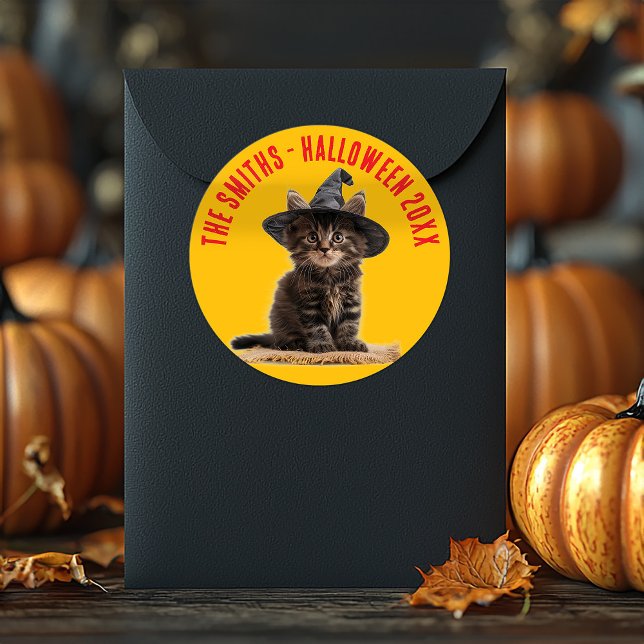 Autumn Orange And Red Kitten Witch Halloween Classic Round Sticker (Creator Uploaded)