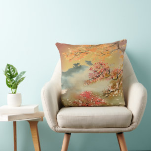 Autumn Orange and Red Trees & Distant Mountains Cushion