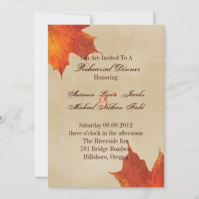 Autumn Orange Fall Leaves Wedding rehearsal dinner Invitation (Front)