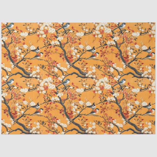 Autumn Orange Floral Birds Chinoiserie Tissue Paper (Front)