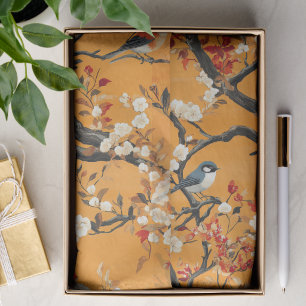 Autumn Orange Floral Birds Chinoiserie Tissue Paper