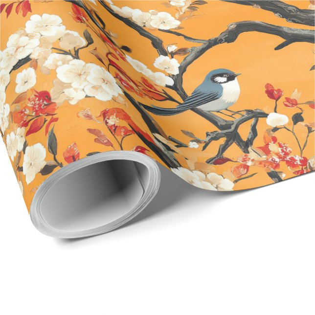 Autumn Orange Floral Birds Chinoiserie Wrapping Paper (Roll Corner)