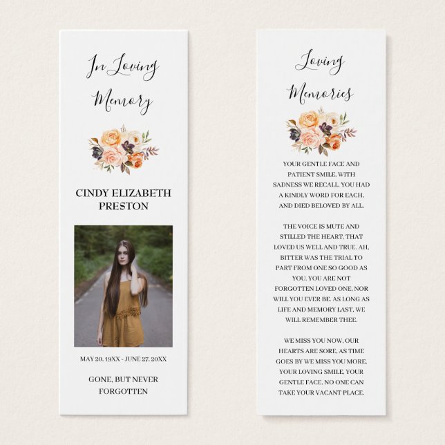Autumn Orange Floral Photo Funeral Poem Bookmark (Front & Back)