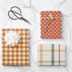 Autumn Orange Gingham, Polkadot & Plaid  Wrapping Paper Sheet