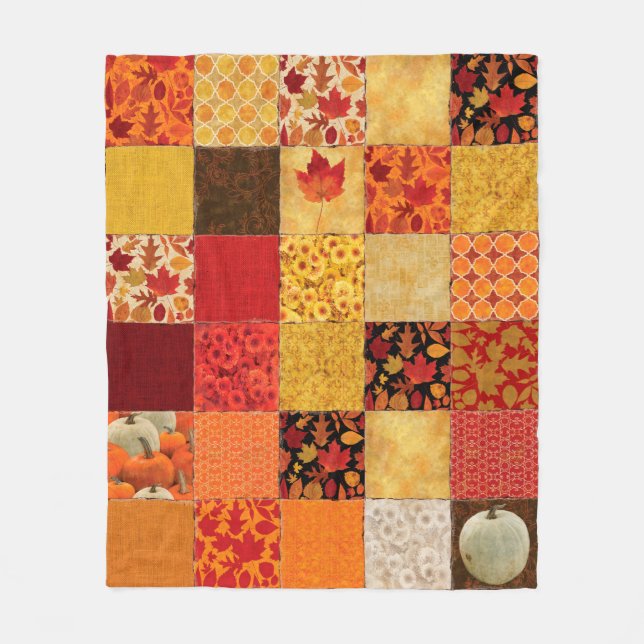 Autumn Orange Gold Brown Patchwork Fleece Blanket (Front)
