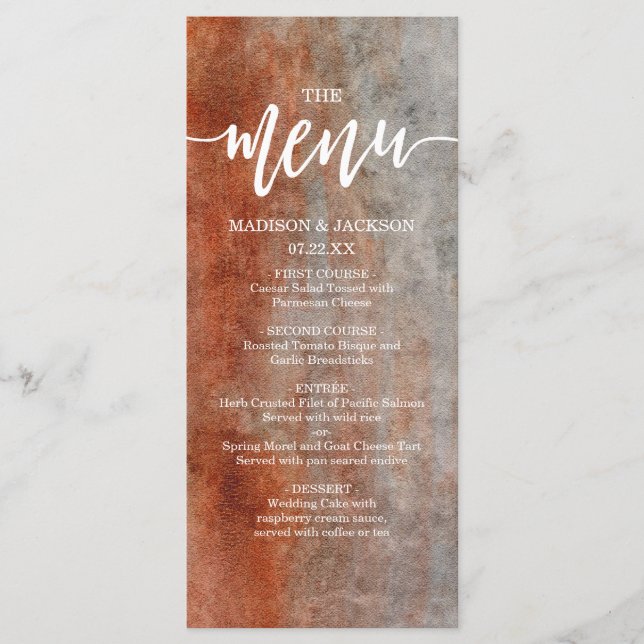 Autumn Orange & Grey Watercolor Wedding Menu (Front)