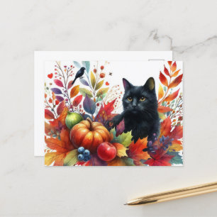 Autumn Orange Leaves and Black Cat Postcard